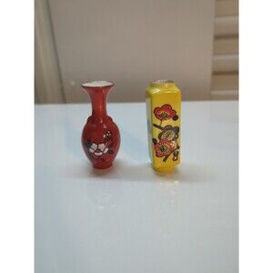 ANTIQUE JAPANESE MEIJI PAINTED POTTERY MINIATURE VASES 9CM